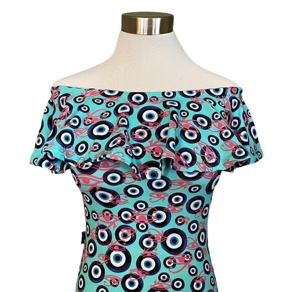 Carol Catugy Brazil Womens M Bodysuit Blue Evil Eye of Horus Print Off Shoulder - Picture 4 of 8